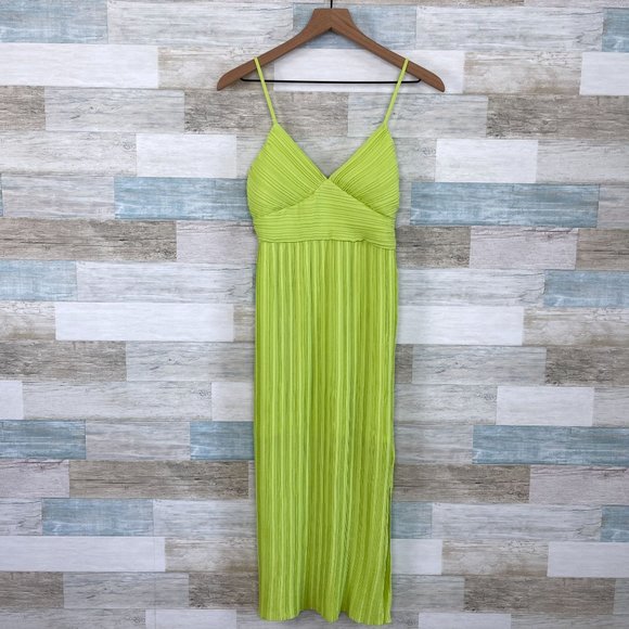 Banana Republic Neon Pleated Midi Plisse Dress Green Slit Womens 00P 00 Petite